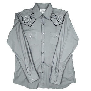 Adiktd Mens Western Shirt Size L Gray Embroidery Pearl Snap Front Pockets Cowboy
